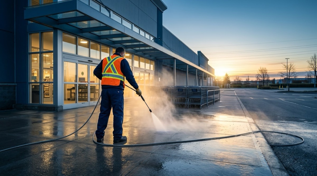 Crew member in a safety vest pressure-washing the entrance sidewalk of a retail store at dawn