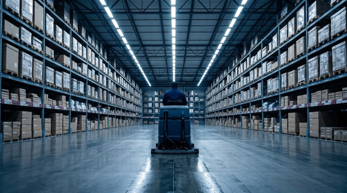 Crew member riding a floor scrubber down the centre aisle of a big-box retail warehouse at night