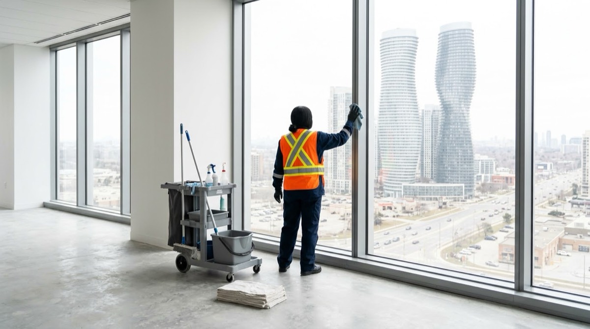 Crew member detail-cleaning floor-to-ceiling windows in an empty office, with the Mississauga skyline outside